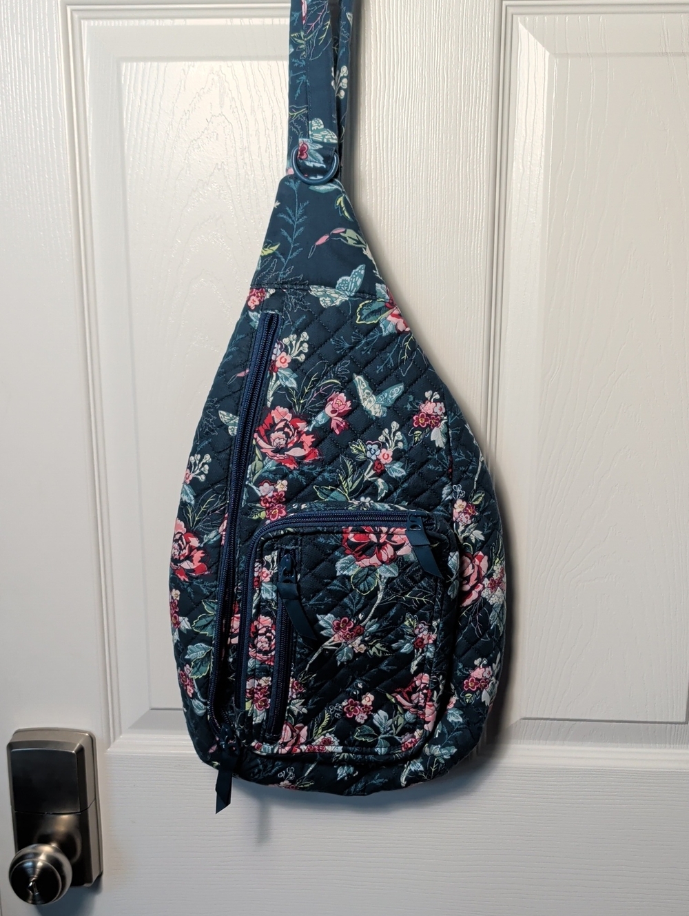 Vera Bradley Quilted Teal Sling Bag with Pink Floral Print